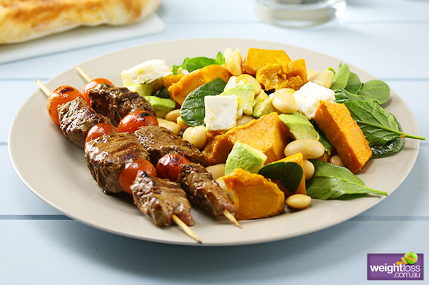 Lamb Kebabs with Pumpkin & Spinach Salad